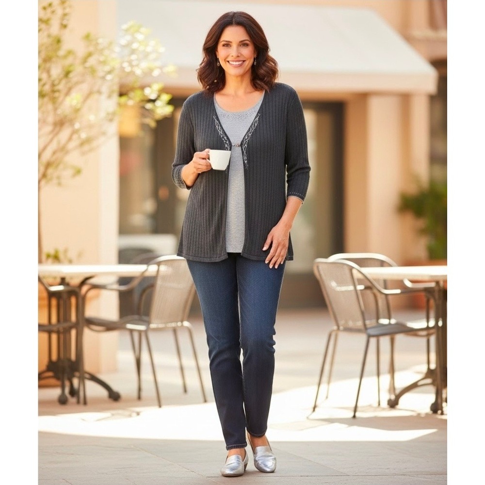 Maggie McNaughton Women's 2X Charcoal Beaded Embellished Silk Cardigan Sweater